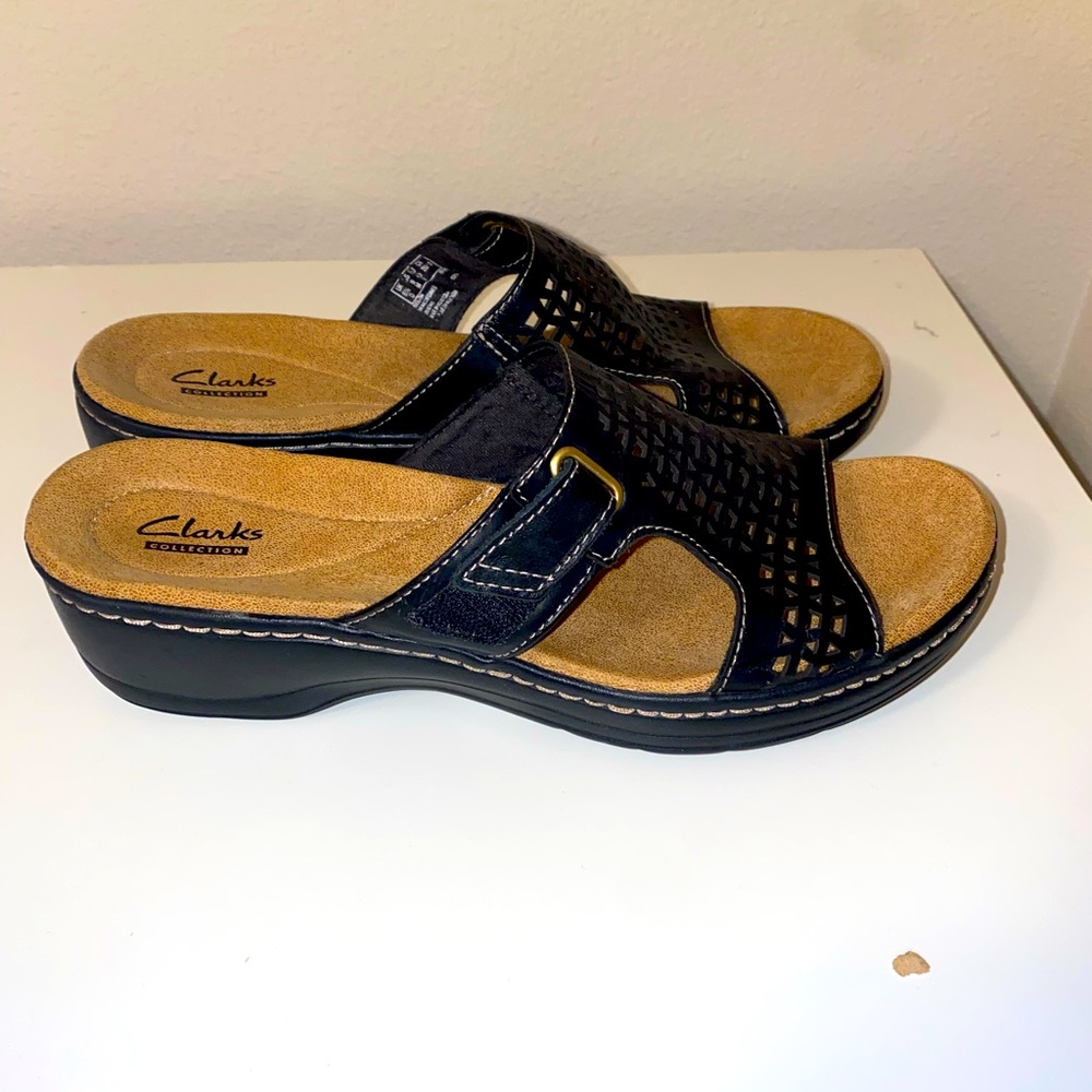 New Clark’s Collection black leather Hayla Samoa slide heeled Sandals